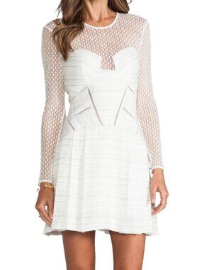 Self-Portrait Paneled Long Sleeve Dress Off White Lace Mesh Mini Size 0 NWT